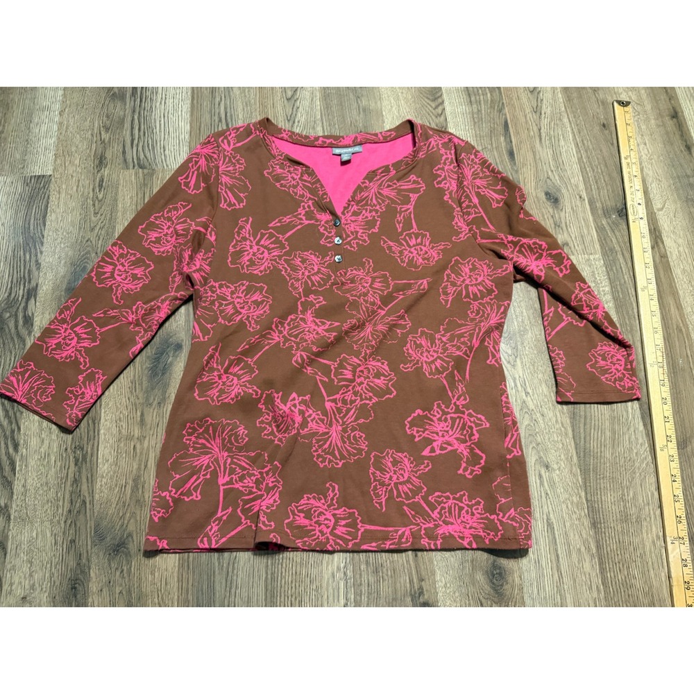 Style & Co Shirts Women Size M Brown Pink Floral 3/4 Sleeve Knit Henley Top